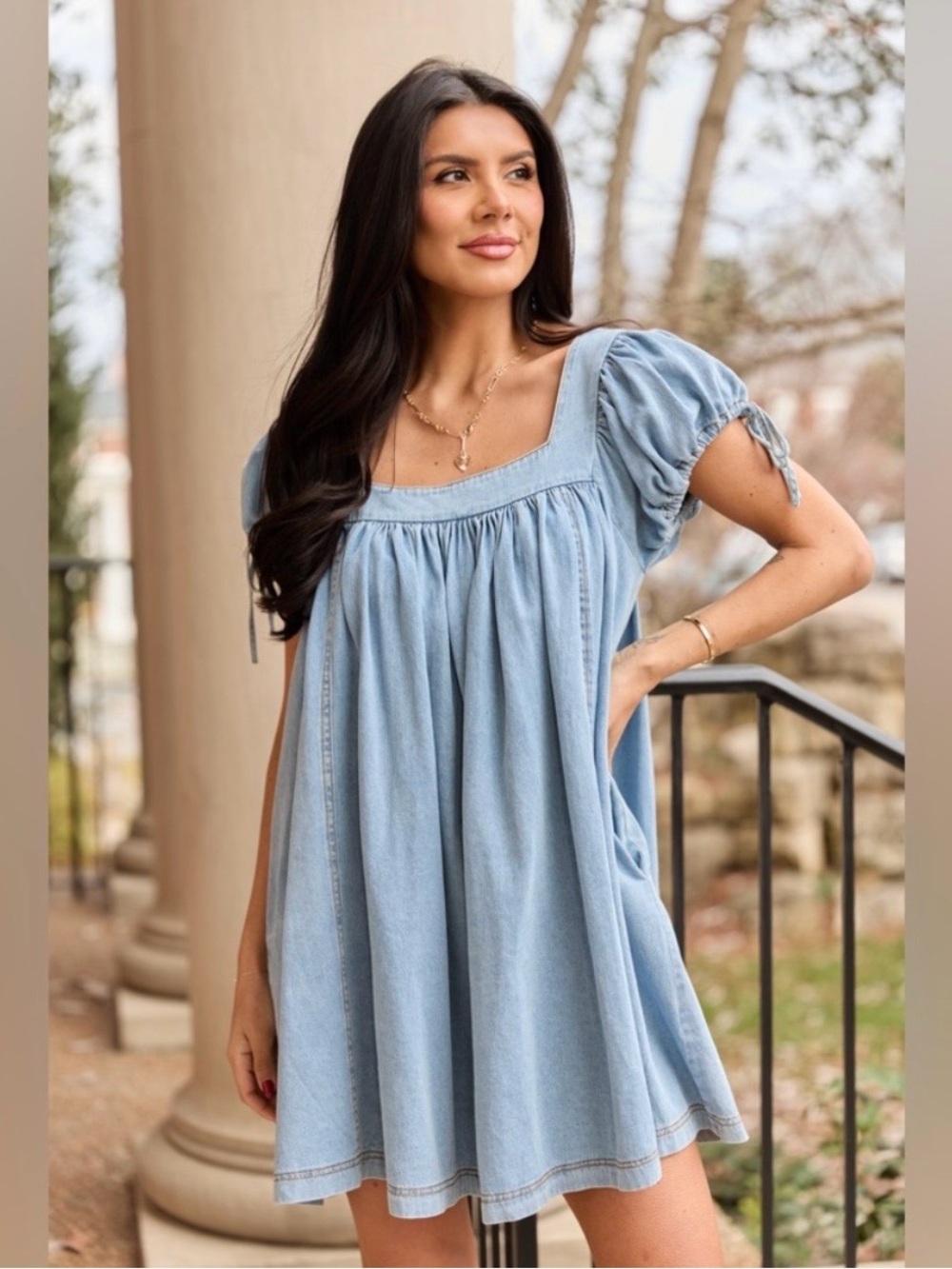 NWOT Pink Lily Light Blue Square-Neck Puff Sleeve Denim Tunic Dress